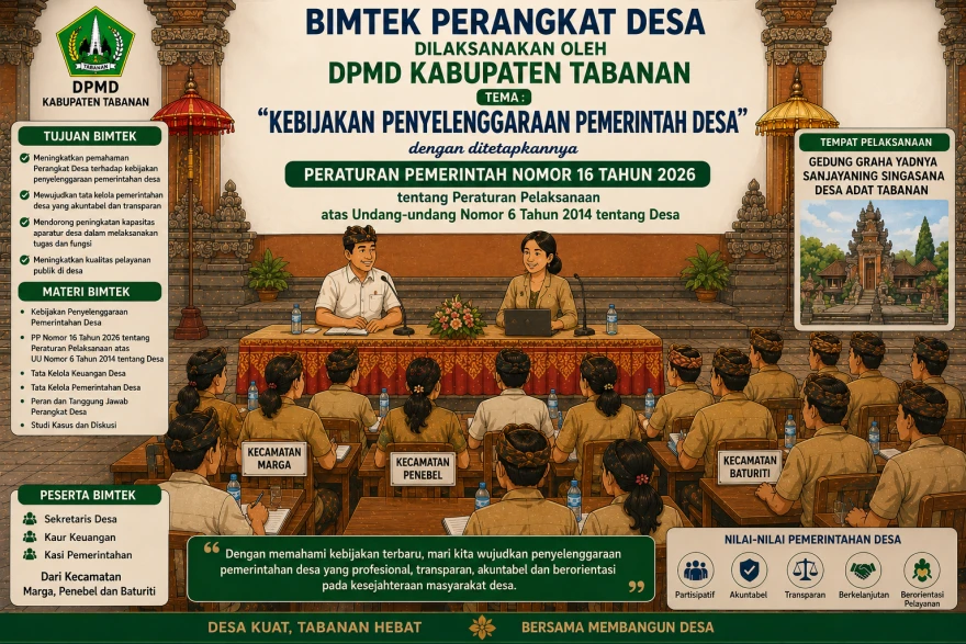 DPMD Tabanan Gelar BIMTEK, Perkuat Kapasitas Pemerintah Desa Hadapi Implementasi PP Nomor 16 Tahun 2026